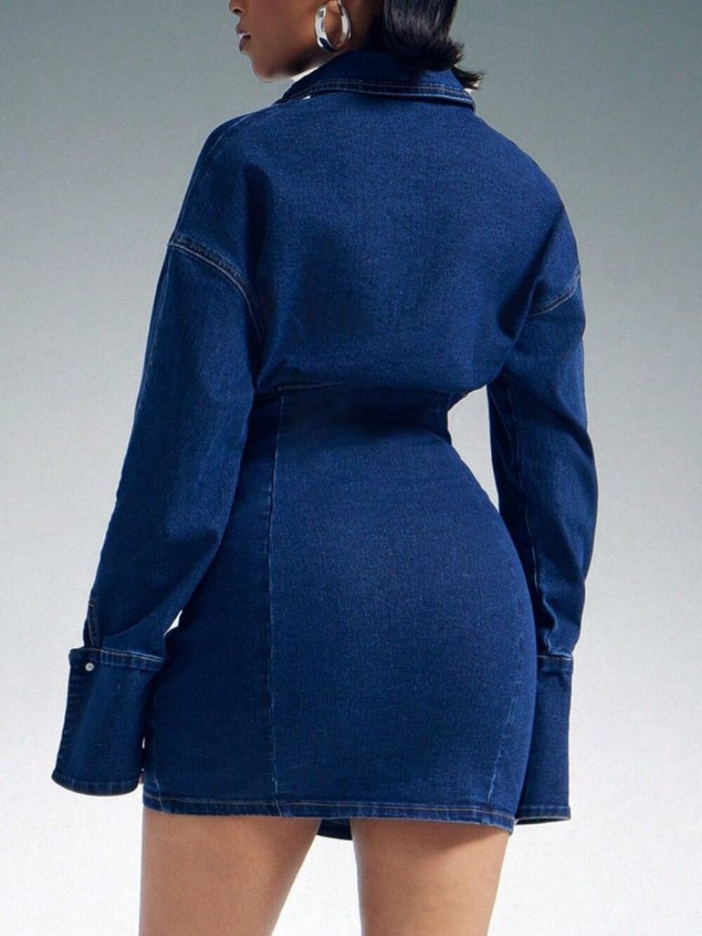 Dark Wash Casual Women's Cinched Waist Zip Front Denim Mini Dress - Picture 2 of 5